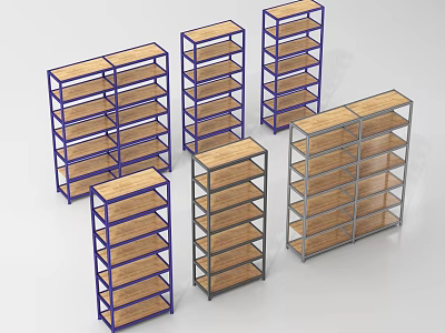 Metal Frame Storage Shelves With Wooden Boards And Multiple Layers Design 3d model