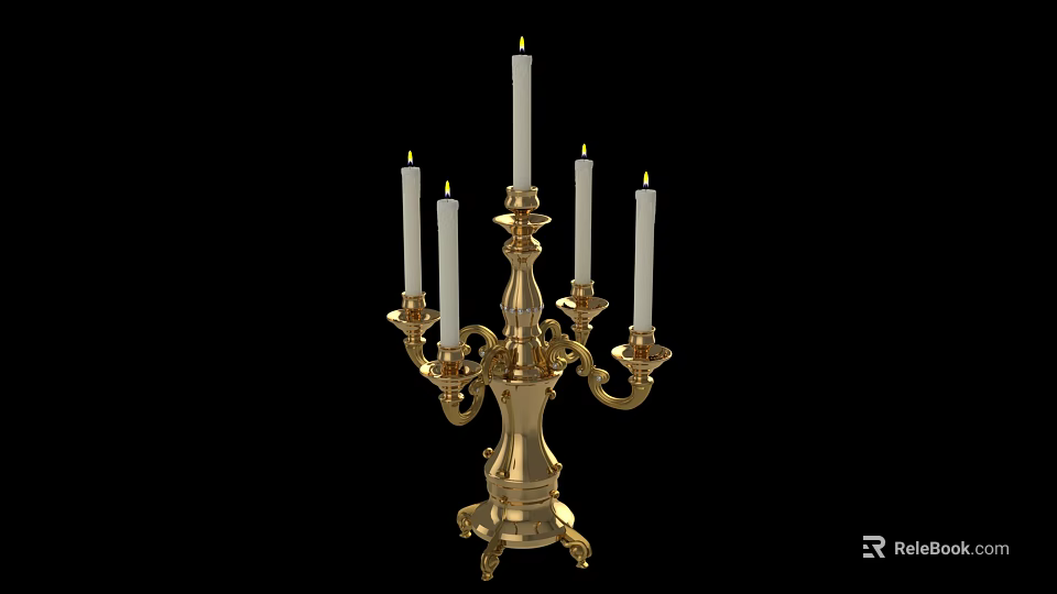Elegant Brass Candelabra With Five White Candles And Classical Design 3d model 