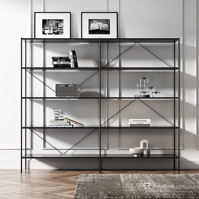 Modern Metal Frame Bookcase With Multiple Shelves Books Decorations And Black White 3d model 