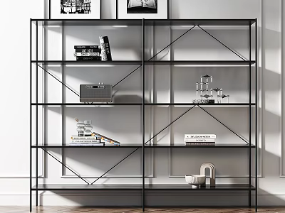 Modern Metal Frame Bookcase With Multiple Shelves Books Decorations And Black White 3d model