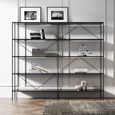 Modern Metal Frame Bookcase With Multiple Shelves Books Decorations And Black White 3d model