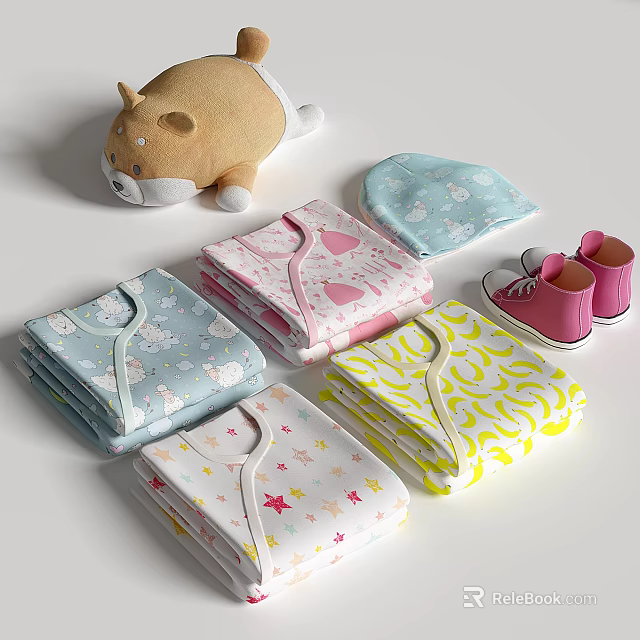 Colorful Folded Baby Clothes With Star Heart Patterns And Pink Shoes Stuffed Toy 3d model 