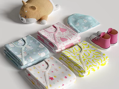 Colorful Folded Baby Clothes With Star Heart Patterns And Pink Shoes Stuffed Toy 3d model