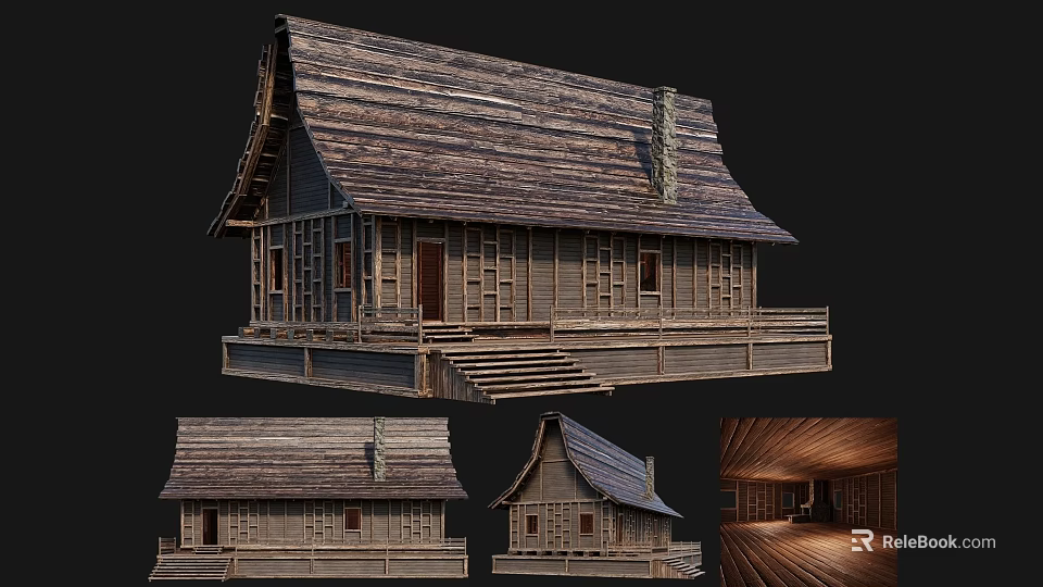 Ancient Traditional Wooden Architecture With Sloped Roof Steps And Chimney Exterior Design 3d model 