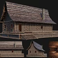 Ancient Traditional Wooden Architecture With Sloped Roof Steps And Chimney Exterior Design