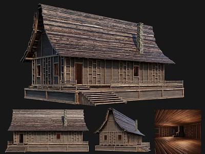 Ancient Traditional Wooden Architecture With Sloped Roof Steps And Chimney Exterior Design 3d model