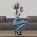 Woman Squatting On Wooden Floor Holding Orange Phone Wearing White Top And Blue Jeans
