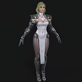 Woman With Green Hair Wearing White Bodysuit And Silver Gold Mechanical Armor Against Black Background