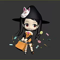 Cartoon Witch Game Character Black Hat White Cat Face Orange Candy Bag Lollipops And Sweets
