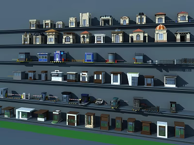 Various Architectural Building Models Arranged On Multiple Shelves With Diverse Styles 3d model