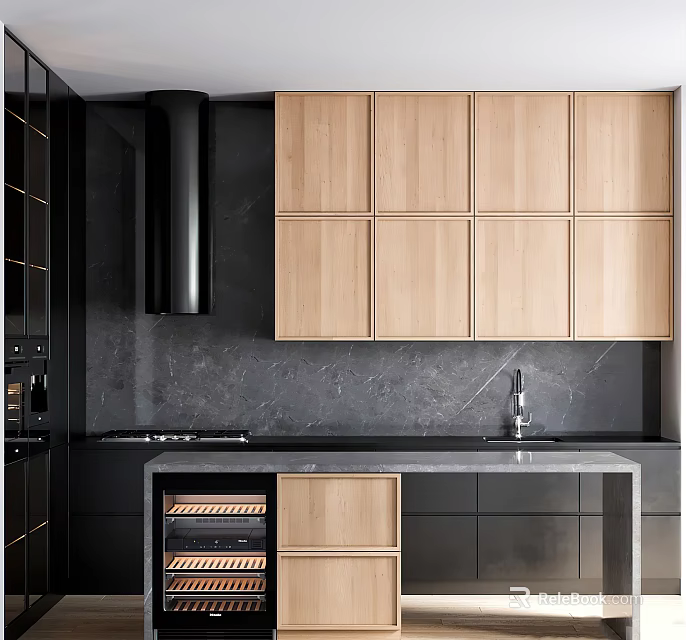 Modern Kitchen Interior With Wooden Cabinets Black Range Hood Dark Countertop And Oven 3d model 