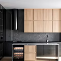 Modern Kitchen Interior With Wooden Cabinets Black Range Hood Dark Countertop And Oven