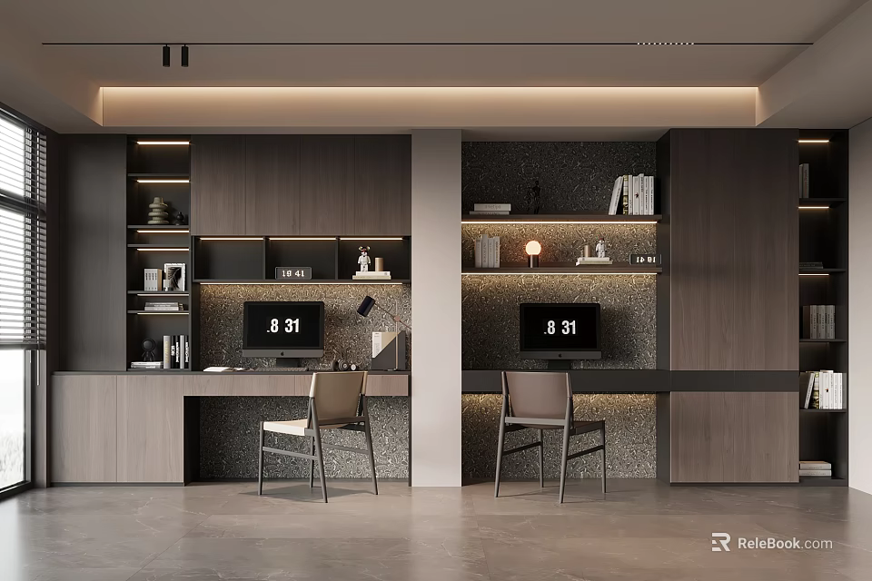 Modern Dark Wood Bookcase In Home Office With Desks Computers And Chairs 3d model 