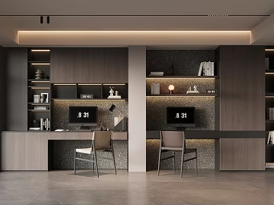 Modern Dark Wood Bookcase In Home Office With Desks Computers And Chairs 3d model