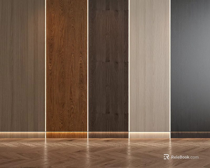 Various Wood Finish Wall Panels Display With Herringbone Floor And Base Lighting 3d model 