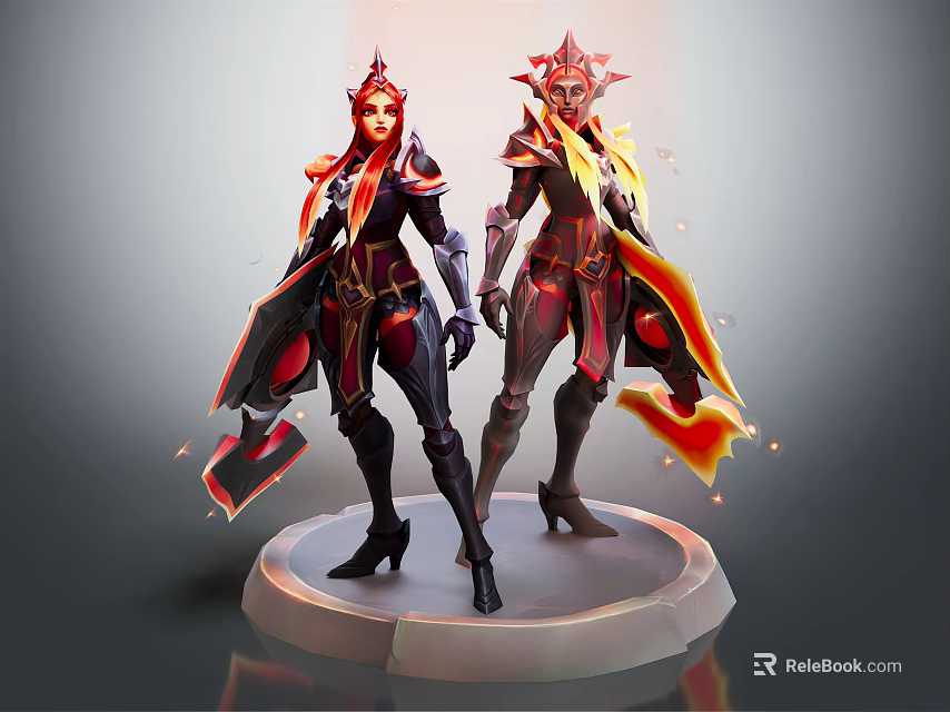 Fantasy Characters In Red Black Armor With Flame Effects Standing On Platform 3d model