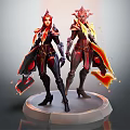 Fantasy Characters In Red Black Armor With Flame Effects Standing On Platform 3d model