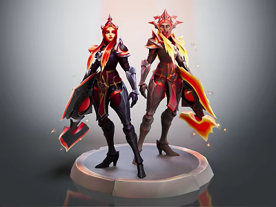 Fantasy Characters In Red Black Armor With Flame Effects Standing On Platform 3d model
