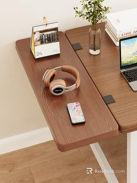 Functional Wooden Shelf With Headphones Mobile Phone Laptop Calendar And Glass For Home Office 3d model 