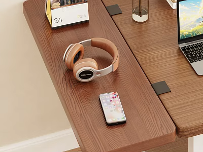 Functional Wooden Shelf With Headphones Mobile Phone Laptop Calendar And Glass For Home Office 3d model