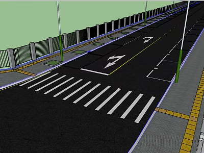 Well Designed Road Infrastructure With Crosswalk Directional Arrows Street Lamps And Guardrails 3d model