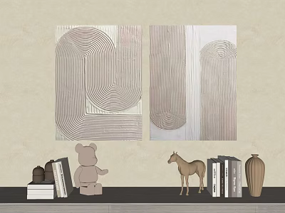Abstract Line Art Paintings With Decorative Shelf Items Including Books Teddy Bear Horse And Vase 3d model