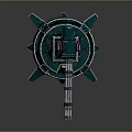 Industrial Mechanical Device Featuring Green Spiked Base And Rotating Metal Arm Components