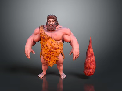 Game Movie Character Muscular Caveman with Spotted Animal Skin Outfit and Red Flame Prop 3d model