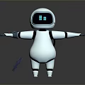 White Robot Featuring Digital Display Backpack Standing with Outstretched Arms and Tool on Ground 3d model