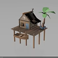 Wooden Cabin on Stilts with Brown Roof Blue Door Green Palm Tree and Boat