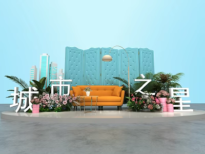 Popular City Photo Spot With Orange Sofa Blue Screen And Green Plants 3d model