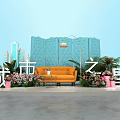 Popular City Photo Spot With Orange Sofa Blue Screen And Green Plants