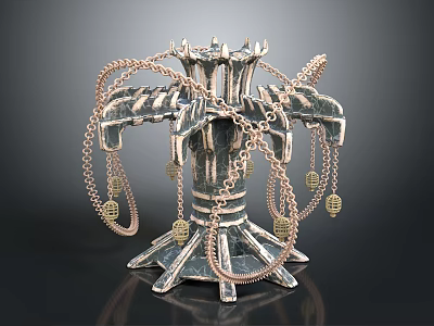 Ornate Decorative Equipment with Silver Body Intricate Structure Copper Chains and Golden Lantern Decorations 3d model