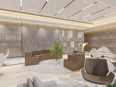 Modern Lounge Area Interior Design With Wooden Walls Sofas Chairs And Green Plant 3d model