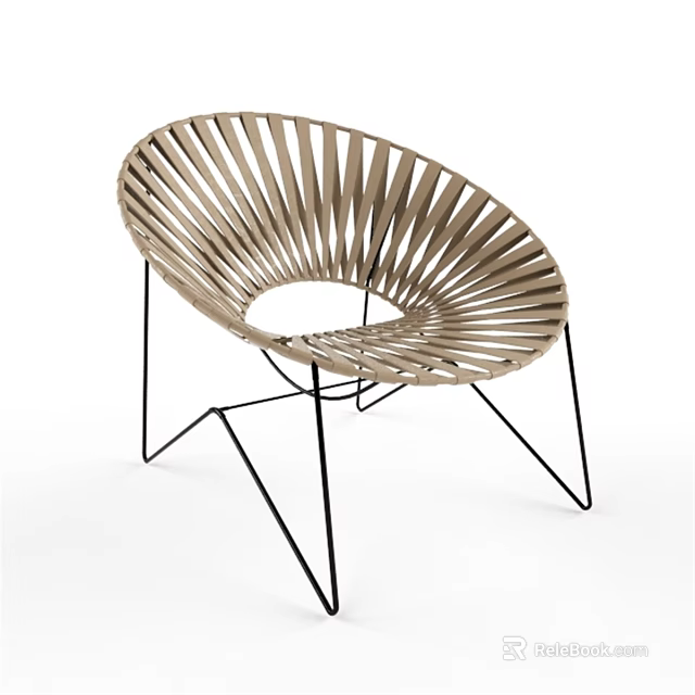 Modern Single Chair With Curved Wooden Slats Circular Cutout And Black Metal Legs 3d model 