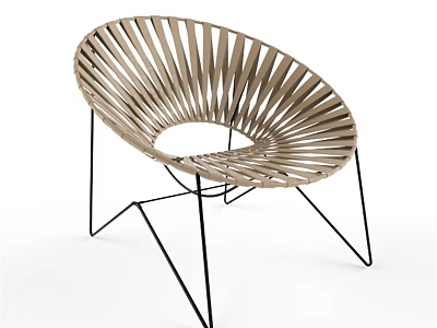 Modern Single Chair With Curved Wooden Slats Circular Cutout And Black Metal Legs 3d model