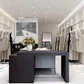 Clothing Store Interior with Hanging Clothes Display Counter Bags and Flower Bouquet Mirror Bright Design