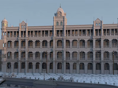 Ancient Architecture Building With Arched Windows Symmetrical Stone Facade And Tower Design 3d model