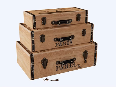 Stacked Wooden Storage Boxes With Paris Lettering Metal Hardware And Small Key 3d model