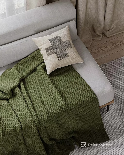 Beige Linen Pillow With Gray Cross Pattern On Light Gray Sofa And Green Knitted Blanket 3d model 