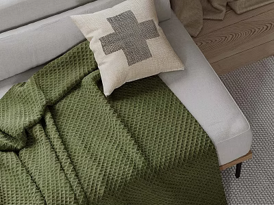 Beige Linen Pillow With Gray Cross Pattern On Light Gray Sofa And Green Knitted Blanket 3d model