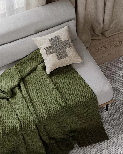 Beige Linen Pillow With Gray Cross Pattern On Light Gray Sofa And Green Knitted Blanket 3d model