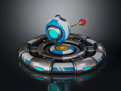 Mechanical Character Hovering Device Featuring Blue White Design Circular Base And Glowing Core 3d model