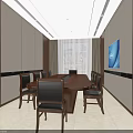 Modern Conference Room With Long Table Wooden White Walls Curtains Dark Chairs And Wall Screen