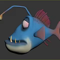 Cartoon Blue Fish With Glowing Lure Big Eyes Red Fin Sharp Teeth And Pink Fins