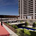 Modern Building Entrance With Paved Ground Glass Doors And Side Water Features