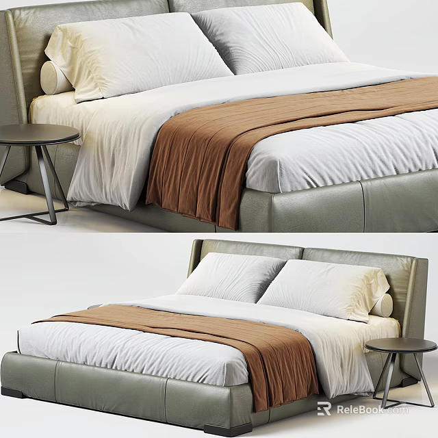 Modern Double Bed Interior With Leather Headboard White Sheets Brown Blanket And Side Nightstand 3d model