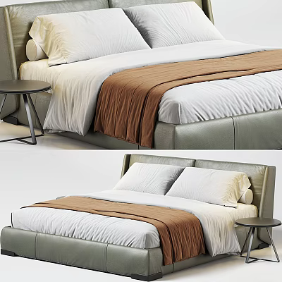 Modern Double Bed Interior With Leather Headboard White Sheets Brown Blanket And Side Nightstand 3d model