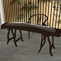 Traditional Chinese Musical Instrument Guqin on Wooden Table with Bamboo Screen and Plants