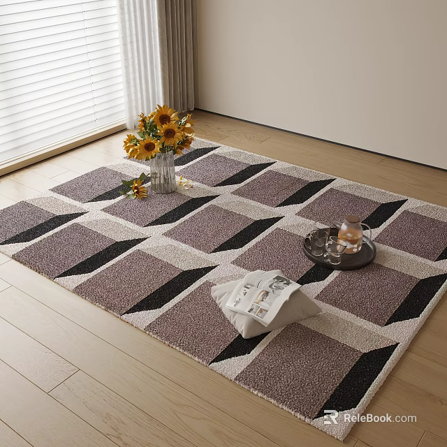 Square Rug with Geometric Pattern on Wooden Floor featuring Sunflower Vase Magazine and Tray 3d model 